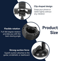 Agatige Guitar Phone Holder, 360 Degree Rotating Guitar Bass Head Phone Holder Smartphone Mount Clip 4/4 Violin Removable Suction Cup Panel for Acoustic Electric Guitar Music Recordings