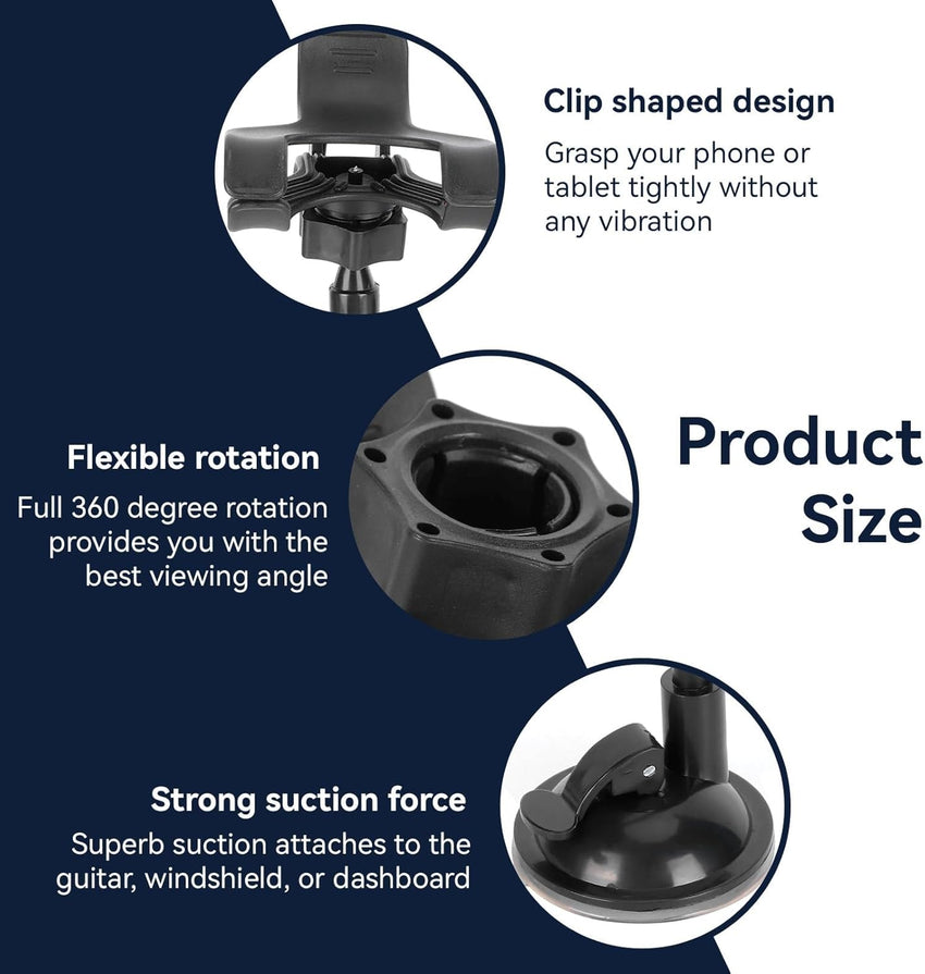 Agatige Guitar Phone Holder, 360 Degree Rotating Guitar Bass Head Phone Holder Smartphone Mount Clip 4/4 Violin Removable Suction Cup Panel for Acoustic Electric Guitar Music Recordings