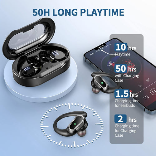 Wireless Earbuds, Bluetooth 5.4 Headphones Sport with 4 ENC Noise Cancelling Mic, 50H Wireless Headphones with Earhooks HiFi Stereo Deep Bass, IP7 Waterproof Bluetooth Earphones for Sport/Gym black