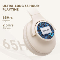 Over-Ear Bluetooth Headphones 65H Playtime Foldable Lightweight Deep Bass Stereo with Mic Beige