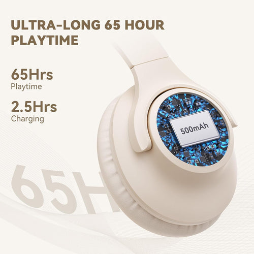 Over-Ear Bluetooth Headphones 65H Playtime Foldable Lightweight Deep Bass Stereo with Mic Beige