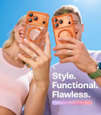 Meifigno Designed for iPhone 17 Pro Max Case 6.9", [Glitter Card & Wrist Strap] [Compatible with MagSafe] [2X HD Screen Protectors] Surround Raised Lens Protection for 17 Pro Max Case, Orange