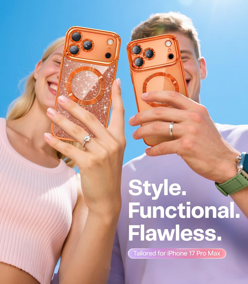 Meifigno Designed for iPhone 17 Pro Max Case 6.9", [Glitter Card & Wrist Strap] [Compatible with MagSafe] [2X HD Screen Protectors] Surround Raised Lens Protection for 17 Pro Max Case, Orange
