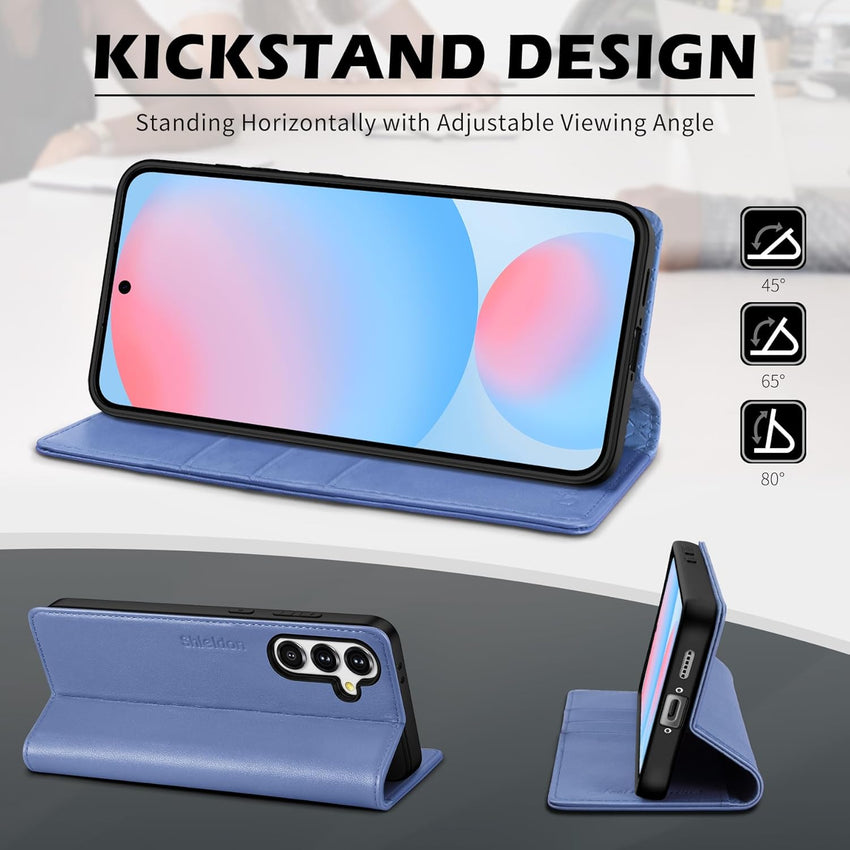 SHIELDON Flip Case for Galaxy S24 FE 6.7", Genuine Leather Wallet Case with [Kickstand][RFID Blocking][Card Slots][Magnetic Closure] Shockproof Phone Cover Compatible with Galaxy S24FE - Navy Blue