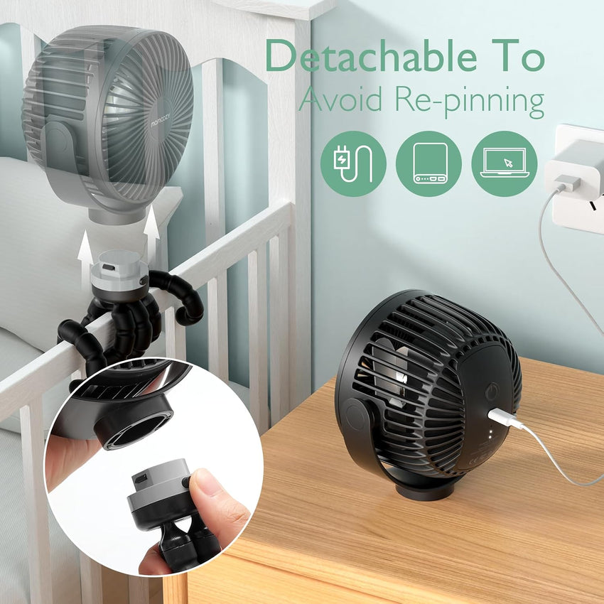 momcozy Portable Pram Fan 8000mAh Rechargeable Stroller Fan with 4 Speeds Black