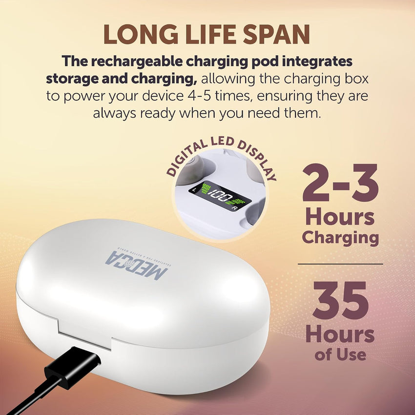Rechargeable In-Ear Sound Amplifiers (Pair) Touch Control Noise Reduction LED Charging Case Beige