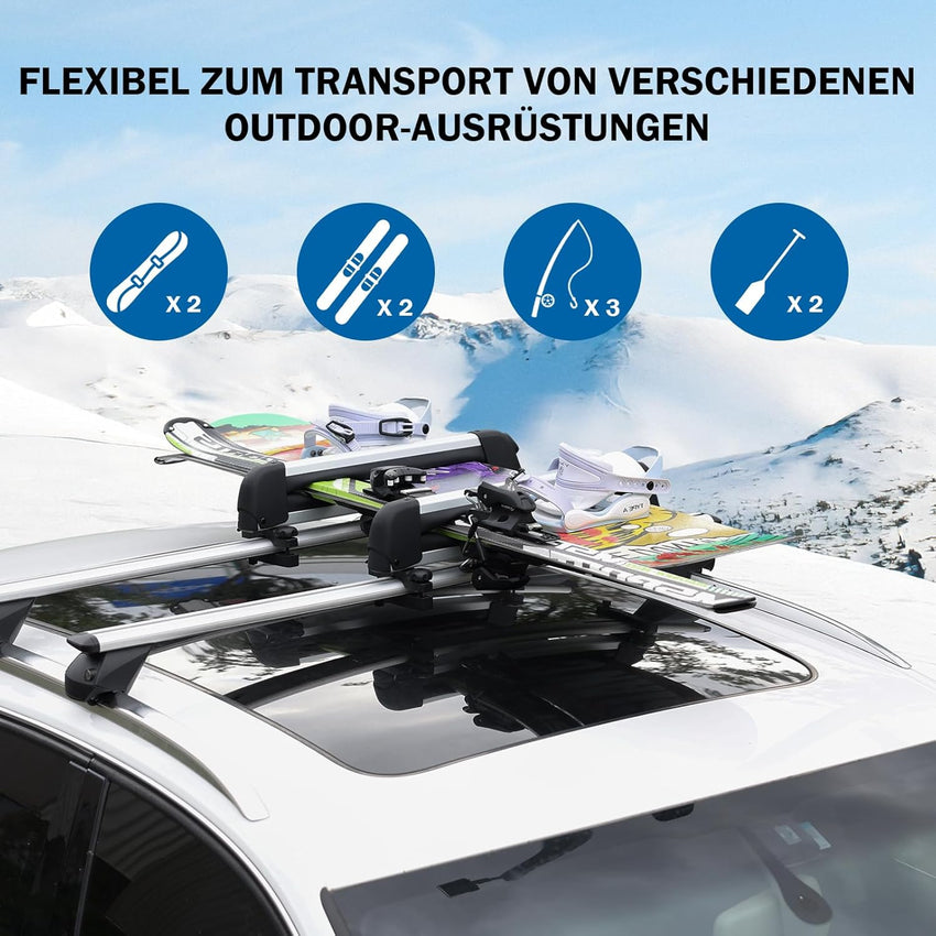 Ski Roof Rack Aluminium for 2 Pairs of Skis or 2 Snowboards with Lock & Padding â Silver