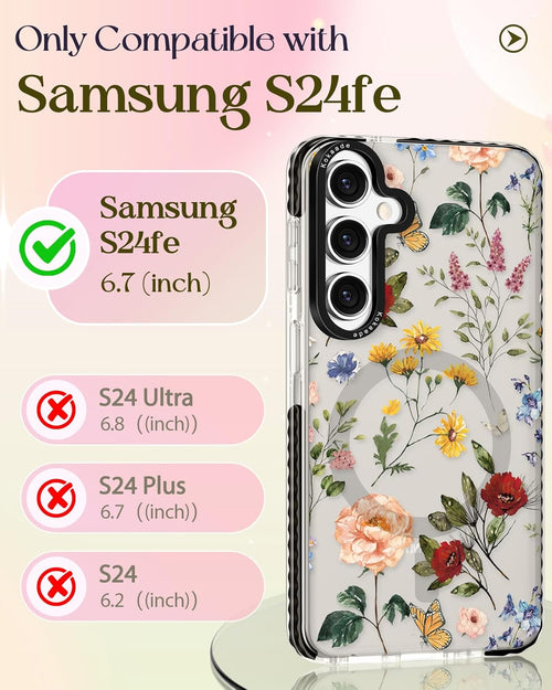 Kokaade for Samsung Galaxy S24 FE Case for Women Girls - Cute Kawaii Retro Flower Design Compatible with Magsafe for Magnetic Ring Holder Stand Phone Cover Girly TPU Funda for Samsung Galaxy S24 FE