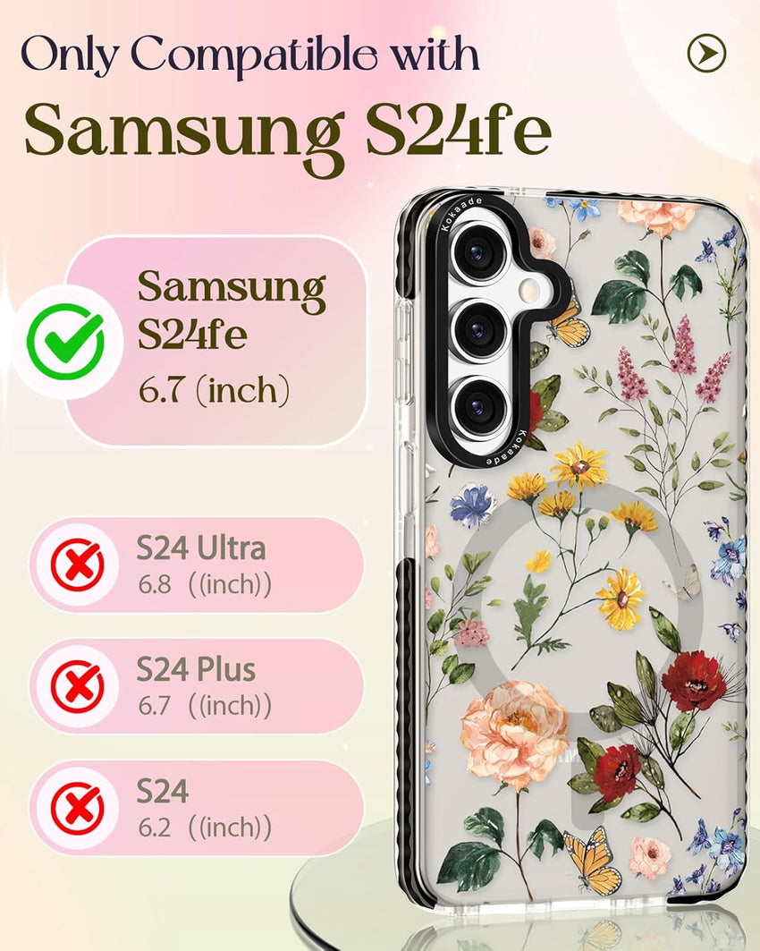 Kokaade for Samsung Galaxy S24 FE Case for Women Girls - Cute Kawaii Retro Flower Design Compatible with Magsafe for Magnetic Ring Holder Stand Phone Cover Girly TPU Funda for Samsung Galaxy S24 FE