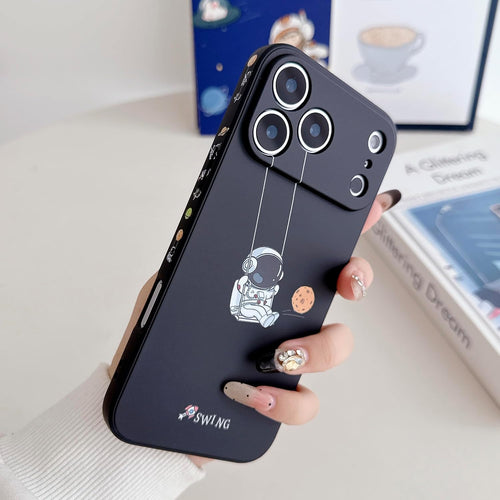 Yonds Queen for iPhone 17 Pro Max Cute Case, Cool Cartoon Swing Astronaut Planet Moon Design Stylish TPU Bumper Shockproof Anti-Slip Protector Fashion Case (Black Planet, iPhone 17 Pro Max)