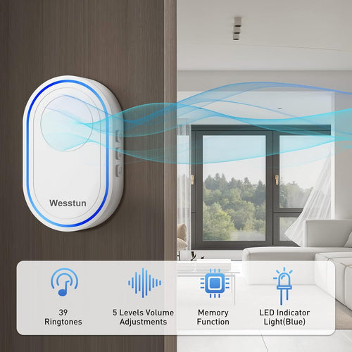 Wireless Doorbell, Waterproof Door Bells Wireless Cordless Kits with 39 Loud Chimes & 5 Levels Volume Adjust, Doorbell Wireless Transmitter Battery Operated Easy Install at Home, White