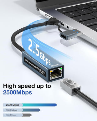 2.5G USB to Ethernet Adapter, 2-IN-1 USB-C to RJ45 LAN Wired Network 100/1000/2500Mbps Ethernet Adapter for PS4/5, Switch, Steam Deck, XPS, TV Box, iPad, MacBook, SmartPhone, Tablet, Laptop, etc