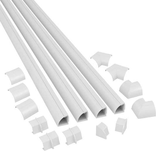 D-Line 4-meter Quarter Round Cable Trunking Kit, Corner Cable Cover, Self-Adhesive Floor Trim with Cable Channel - 4x 22mm (W) x 22mm (H) x 1-meter Lengths & 12 Accessories - White