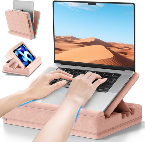 Heyife Laptop Knee Tray for Lap with Cushion, Adjustable Laptop Pillow for Bed/Couch, Foldable Tablet Pillow Holder for Lap, Sofa and Desk for up to 15'' PC/Mac, Tablet, iPad, Kindle, Pink