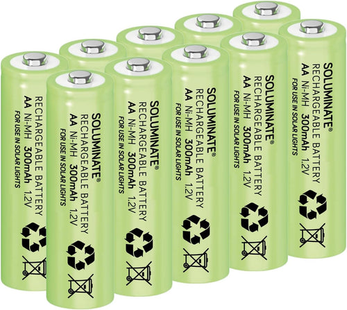 Soluminate AA Solar Light Batteries (300mAh) 1.2V Rechargeable NiMH for outdoor solar garden lights (10-Pack)
