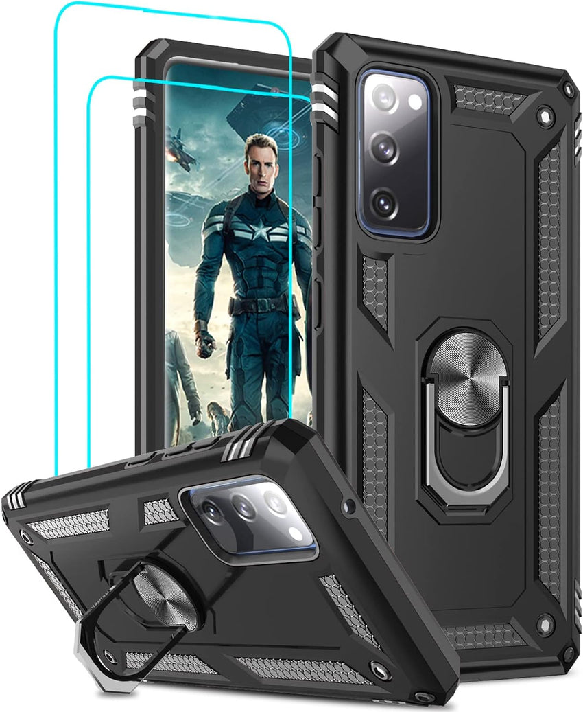 LeYi for Samsung Galaxy S20 FE 5G Case and 2 Tempered Glasss Screen Protector,Ring Holder Military Grade Protective Shockproof Tough Armour Hard Phone Cover for Samsung S20 FE 5G Black