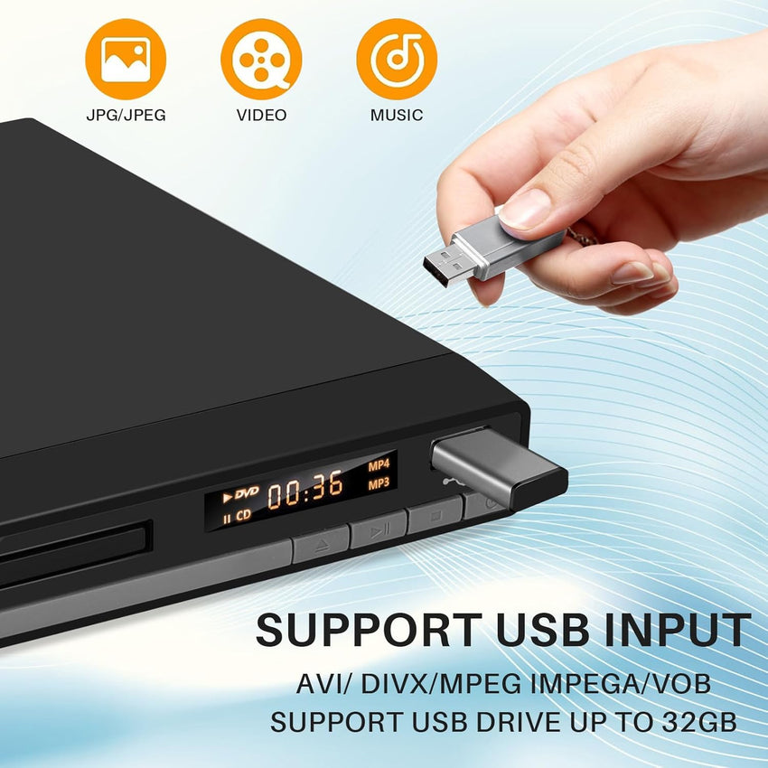 HD DVD Player for TV, Multi Region DVD Player for Smart TV, HDMI/RCA Output Cable Included, 1080P, Breakpoint Memory, Built-in PAL/NTSC, CD Players for Home (Not Support Blu-ray Discs)