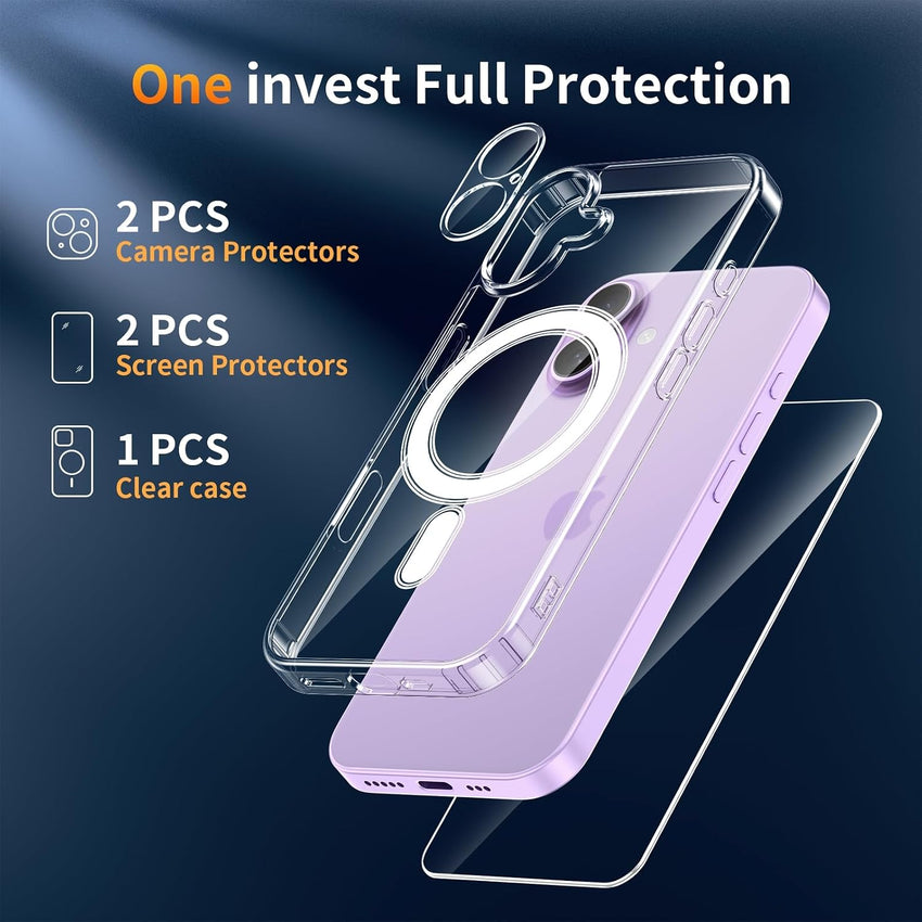 YNMEacc 5 in 1 Magnetic for iPhone 17 Case 6.3-Inch with 2X Screen Protector + 2X Lens Protector, [Compatible with MagSafe] Slim Soft TPU Silicone Shockproof Anti-Scratch Phone Cover - Clear