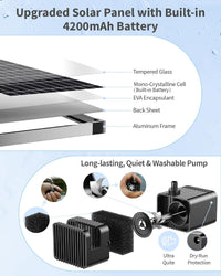 Solar Fountain Pump 12W 4200mAh Battery 600L/h Adjustable Flow â 1.5m Tubing