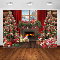 Avezano Christmas Fireplace Backdrop Xmas Tree Gifts Wooden Window Background Holiday Family Party Decorations Happy New Year Xmas Baby Shower Kids Birthday Party Portrait Banner(7ft x 5ft)
