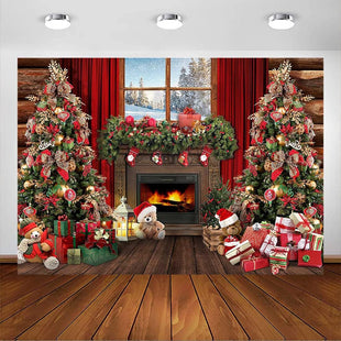 Avezano Christmas Fireplace Backdrop Xmas Tree Gifts Wooden Window Background Holiday Family Party Decorations Happy New Year Xmas Baby Shower Kids Birthday Party Portrait Banner(7ft x 5ft)