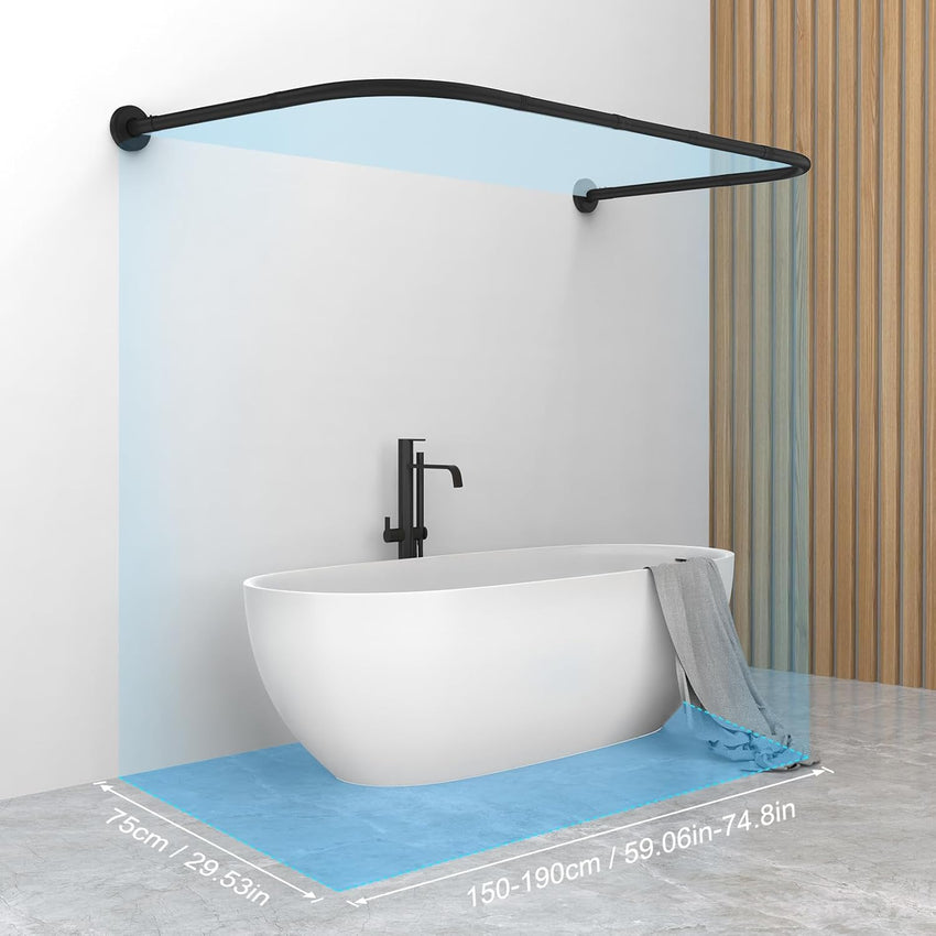 Misounda Shower Curtain Rail U/L Shaped 75x(150-190) x75 cm - Curved Bath Curtain Rod for Bathtubs - Without Ceiling Bracket - Includes 24 Rings Adjustable - Black