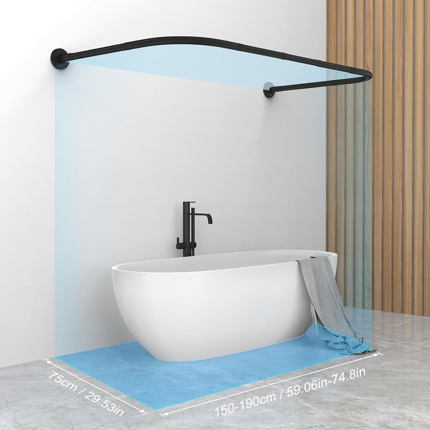Misounda Shower Curtain Rail U/L Shaped 75x(150-190) x75 cm - Curved Bath Curtain Rod for Bathtubs - Without Ceiling Bracket - Includes 24 Rings Adjustable - Black