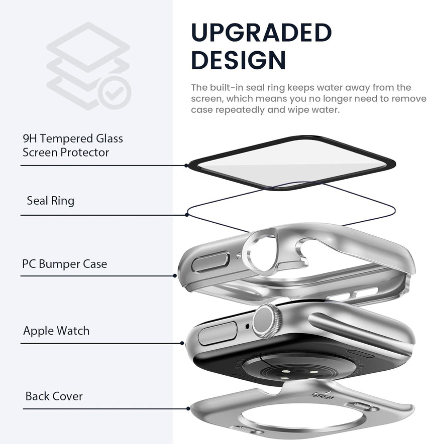 Kamita Waterproof Case Compatible with Apple Watch Series 11/Series 10 42mm, Hard PC Bumper Cases with Tempered Glass Screen Protector, All-Round Protective Cover for iWatch 11/iWatch 10 42 (Silver)