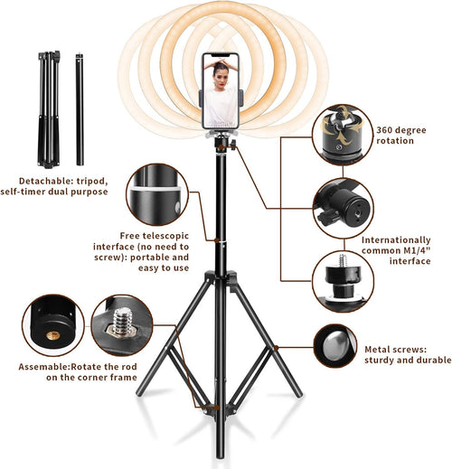 Ring Light 10" with 67" READ DESC Extended Tripod Stand & Phone Holder for YouTube Video, Camera Led Ring Light for Streaming, Makeup, Selfie Photography Compatible with iPhone Android