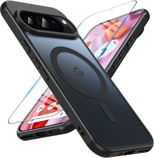 OWKEY Google Pixel 9 Case, Google Pixel 9 Pro Case for Magsafe with Tempered Glass Screen Protector,[Shockproof Military] Magnetic Translucent Slim Bumper Cover Phone Case Pixel 9/Pixel 9 Pro,Black