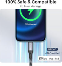 RAVIAD iPhone Charger Cable 4ft/1.2m [MFi Certified] Lightning Cable Nylon Braided Charger Lead Fast Charging Compatible with iPhone 14 13 12 11 Pro Max Xs X XR 8 7 6s 6 SE 5 5s 5c - Gray