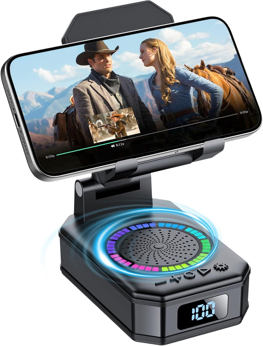 Phone Stand with Bluetooth Speaker 4-in-1 Wireless Charger Foldable RGB Lights