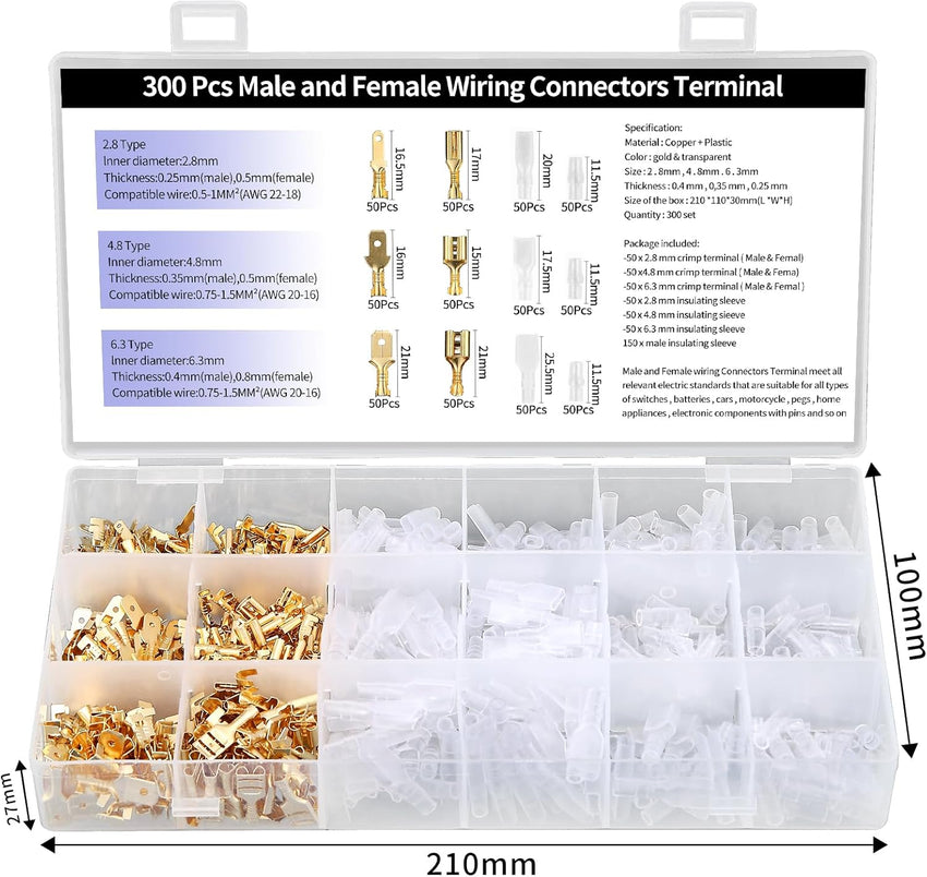 PotentForce Crimping Tool Set - 600pcs Crimp Connectors for 0.5-2.5mmÂ²/AWG 22-16 Wire, Suitable for 2.8mm, 4.8mm, 6.3mm Spade Connectors
