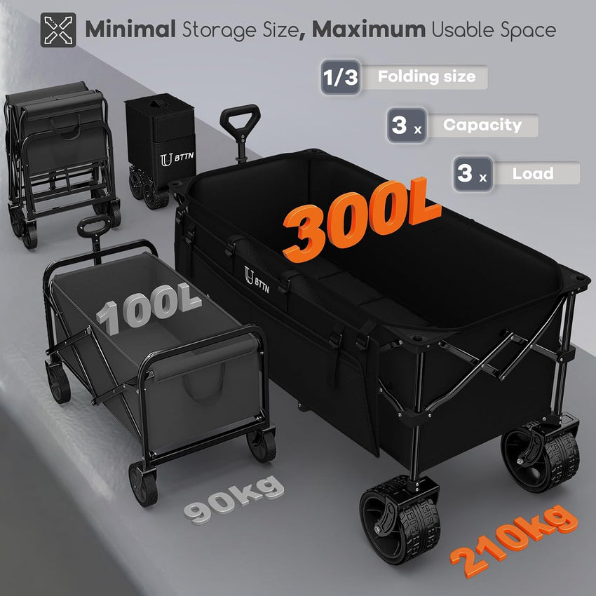 BTTN 300L Large Folding Festival Trolley on Wheels, 210kg Capacity Garden Cart with 18x10 cm Big All-Terrain Extra Wide Wheels, Portable Utility Storage Wagon for Shopping Camping Beach Garden, Black