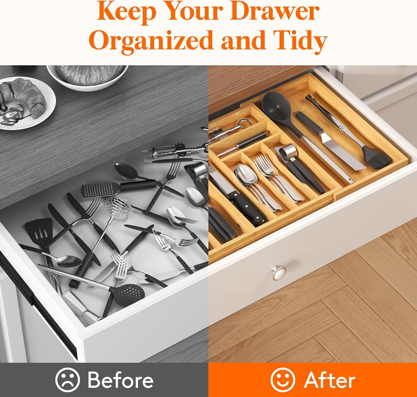 Lifewit Bamboo Extra Large Cutlery Drawer Organiser, Expandable to 36 Inches Cutlery Tray for Kitchen, Adjustable Silverware and Flatware Holder, Plastic Utensil Storage for Spoons Forks Knives