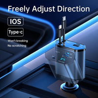 Retractable Car Charger Adapter 4 in 1 Phone Charger Fast Charge with 2 Retractable Cables With USB/USB-C Ports Compatible with iPhone, Android, Samsung Galaxy