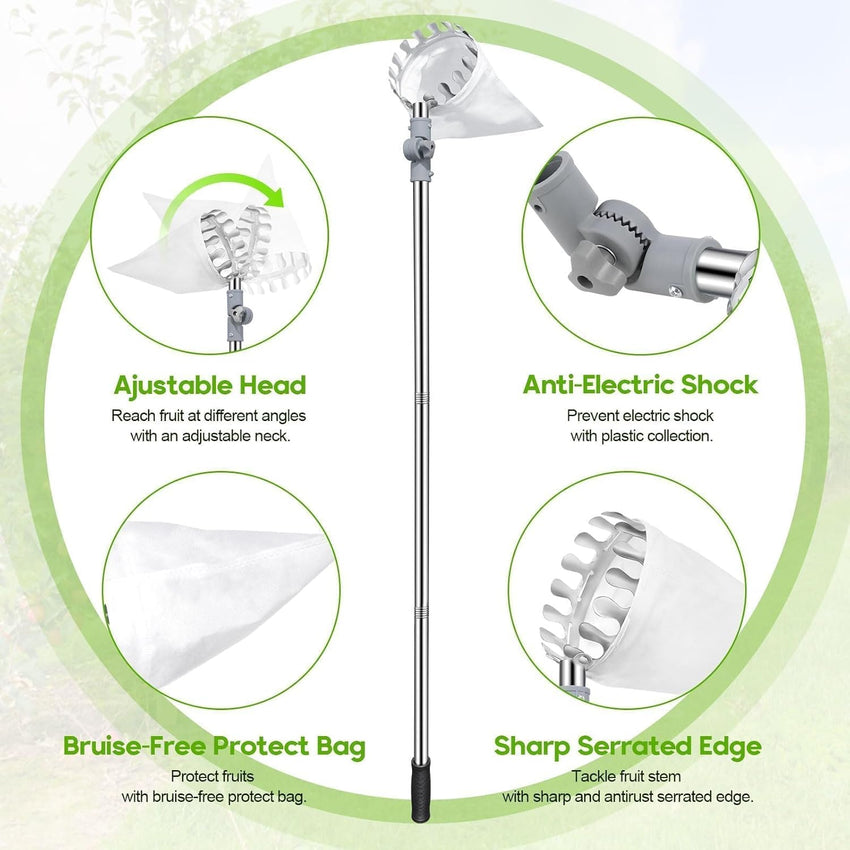 4.2M Apple Picker with Telescopic Handle, Fruit Picker Tool with Basket, Adjustable Head, Lightweight Apple Tree Picker Tool, Easy to Assemble, Aluminium Pole & Fabric Bag for Easy Harvesting