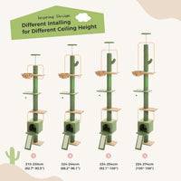 PAWZ Road Cat Tree READ DESC Floor to Ceiling with Height Adjustable 216cm to 273cm, Cactus Cat Tower with Spacious Activity Space, Hammock and Cat Condo, Anti-Fall Belt, 5 Tiers Green