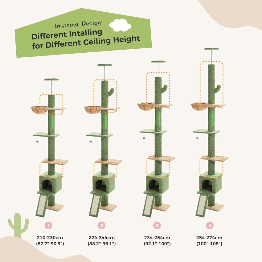 PAWZ Road Cat Tree READ DESC Floor to Ceiling with Height Adjustable 216cm to 273cm, Cactus Cat Tower with Spacious Activity Space, Hammock and Cat Condo, Anti-Fall Belt, 5 Tiers Green