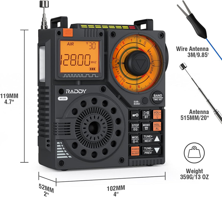 Raddy RF320 APP Control Shortwave Radio, AIR/FM/VHF/SWReceiver with Bluetooth, Portable Radio Rechargeable with 9.85 Ft Wire Antenna