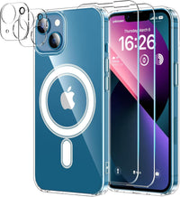 5 in 1 Magnetic for iPhone 13 Case 6.1-Inch with 2X Screen Protector + 2 Lens Protector, [Compatible with MagSafe] Slim Soft TPU Silicone Shockproof Anti-Scratch Phone Cover - Clear