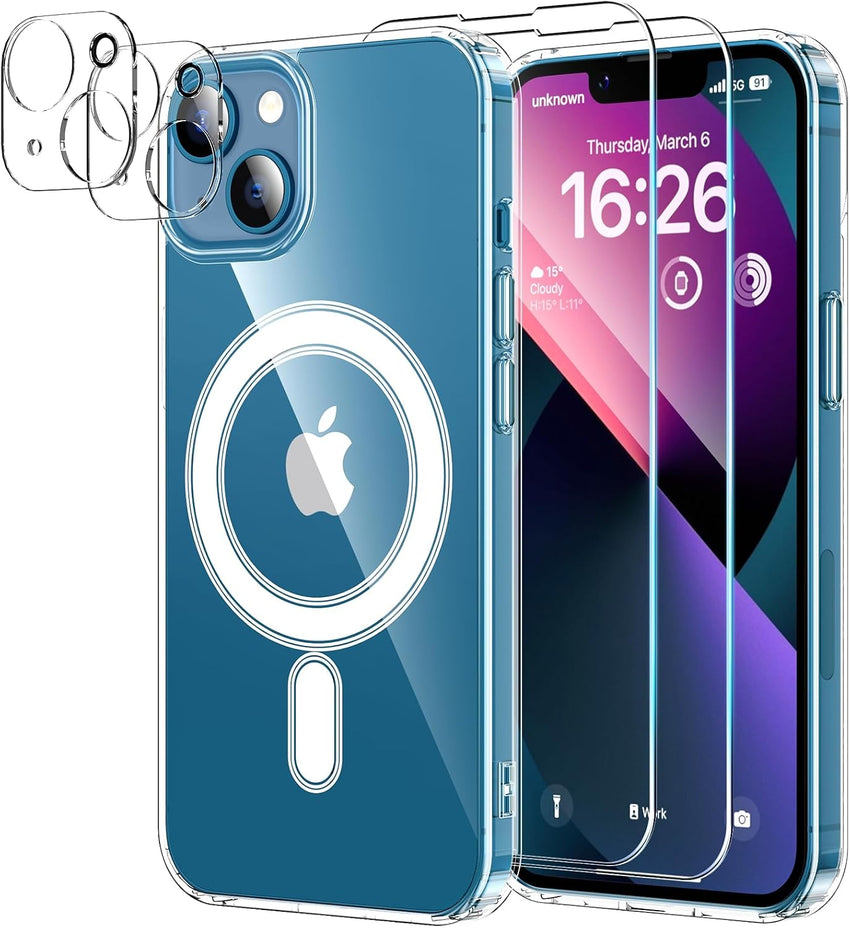 5 in 1 Magnetic for iPhone 13 Case 6.1-Inch with 2X Screen Protector + 2 Lens Protector, [Compatible with MagSafe] Slim Soft TPU Silicone Shockproof Anti-Scratch Phone Cover - Clear