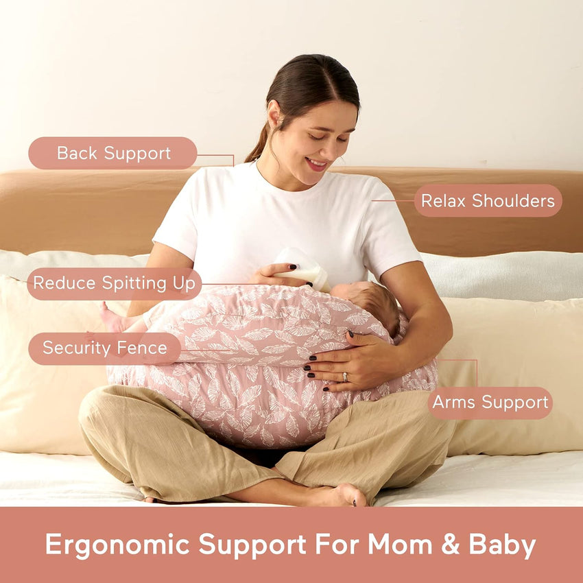 momcozy Nursing Pillow With Breastfeeding - Ergonomic Support & Original Security Fence to Baby' Safety - Making Breastfeeding Easy and Comfort for Mom & Baby - Removable Cotton Cover, Pink