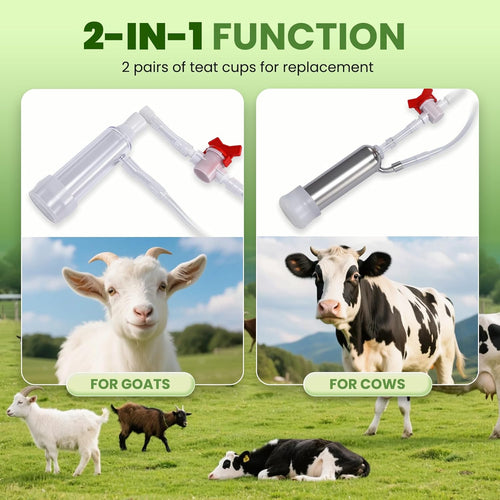 NEWTRY 2 in 1 Electric Milking Machine Kit for Goats & Cows - Portable Vacuum Pump Goat Milker with 4 Teat Cups 1 Food Grade Milk Bucket for Effortless Household Milking (7L,Battery-Powered)