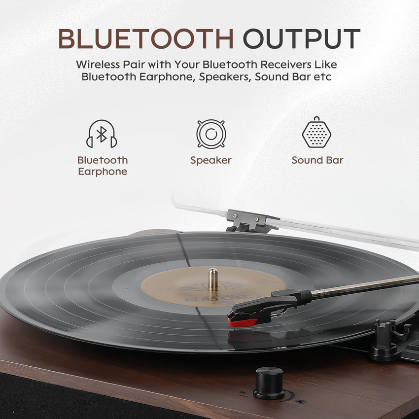 Retrospiler Record Player, Bluetooth Input & Output Turntable with Built-in Speakers, FM Radio, Vinyl-MP3 Recording, USB & SD Playback, LED Screen, Walnut...