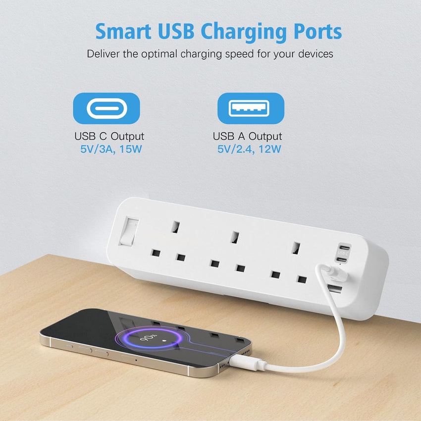 Desk Power Socket with 4 USB (2 Type C), ANVODE 3 Way Desktop Power Strip with Switch, Desk Extension Lead 2M for Home Office (White)