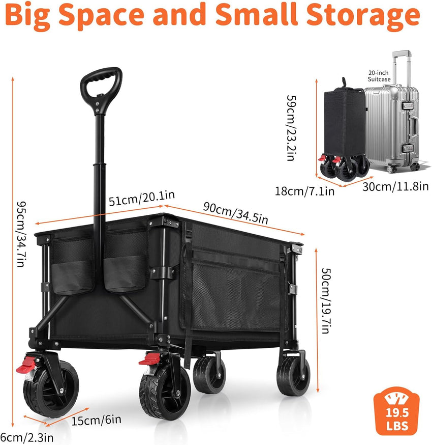 BELEEV Folding Festival Trolley Wagon, Collapsible Camping Trolley Cart with 6" All-Terrain Big Wheels, Side Pocket & Drink Holders, 130L Pull Along Trolley for Beach Grocery Garden Shopping(Black)