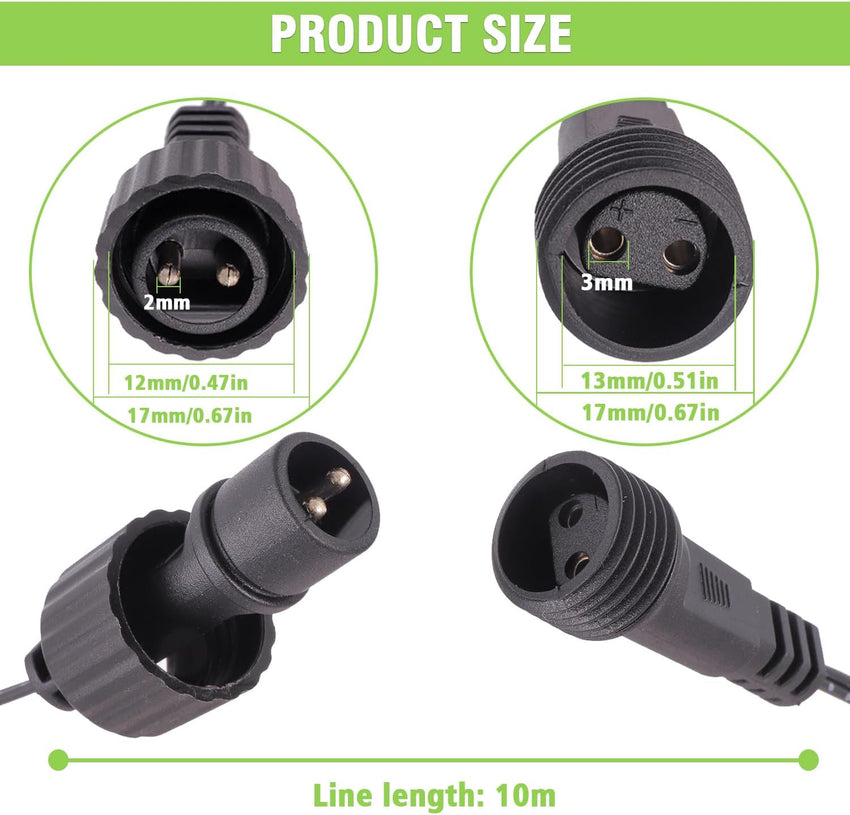 Christmas Lamp Extension Cable, 2 Pin Extension Cable for String Lights, IP44 Waterproof Extension Cable for Globe Lamp, Icicle Lamp, Indoor and Outdoor Light (10M)
