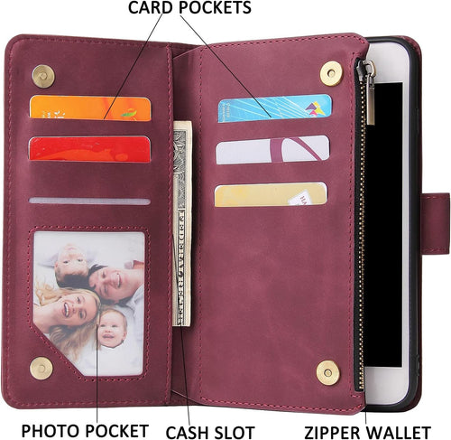 QLTYPRI Case for iPhone 7/8/SE 2020/SE 2022 5G, Large Capacity Leather Wallet Case 6 Card Holder & 1 Zipper Pocket Kickstand Wrist Strap Magnetic Case for iPhone SE 2022/SE 2020/8/7 - Red