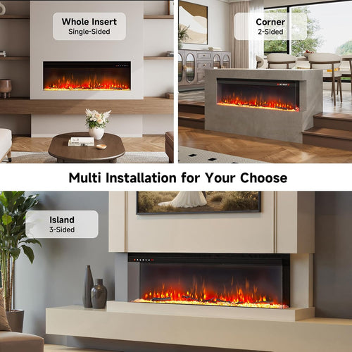 INMOZATA Electric Fire 60inch/152cm 3-Side Glass Display Media Wall Fire Recessed/Freestanding Electric Fireplace with 9 Colors Realistic LED Flame Effect Touch Remote Control & Overheat Protection